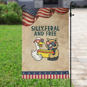 Silly Feral and Free Garden Flag Funny Goose and Raccoon 4th of July Patriotic TS02 Vintage Rustic Tan Navy Print Your Wear