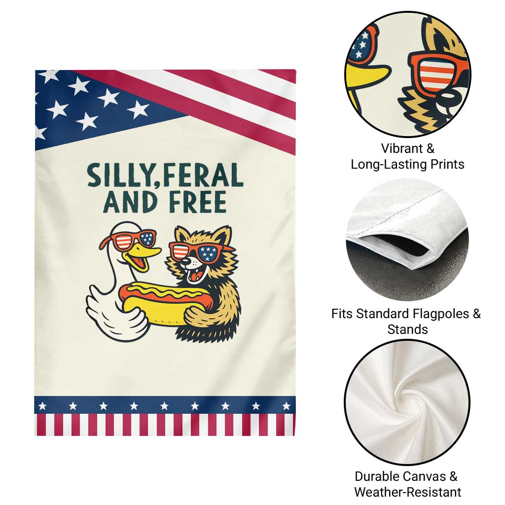 Silly Feral and Free Garden Flag Funny Goose and Raccoon 4th of July Patriotic TS02 Print Your Wear