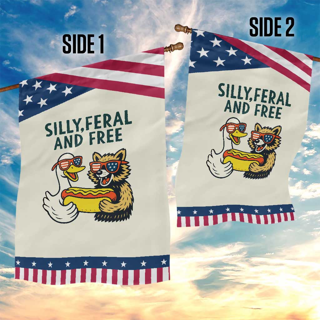 Silly Feral and Free Garden Flag Funny Goose and Raccoon 4th of July Patriotic TS02 Print Your Wear
