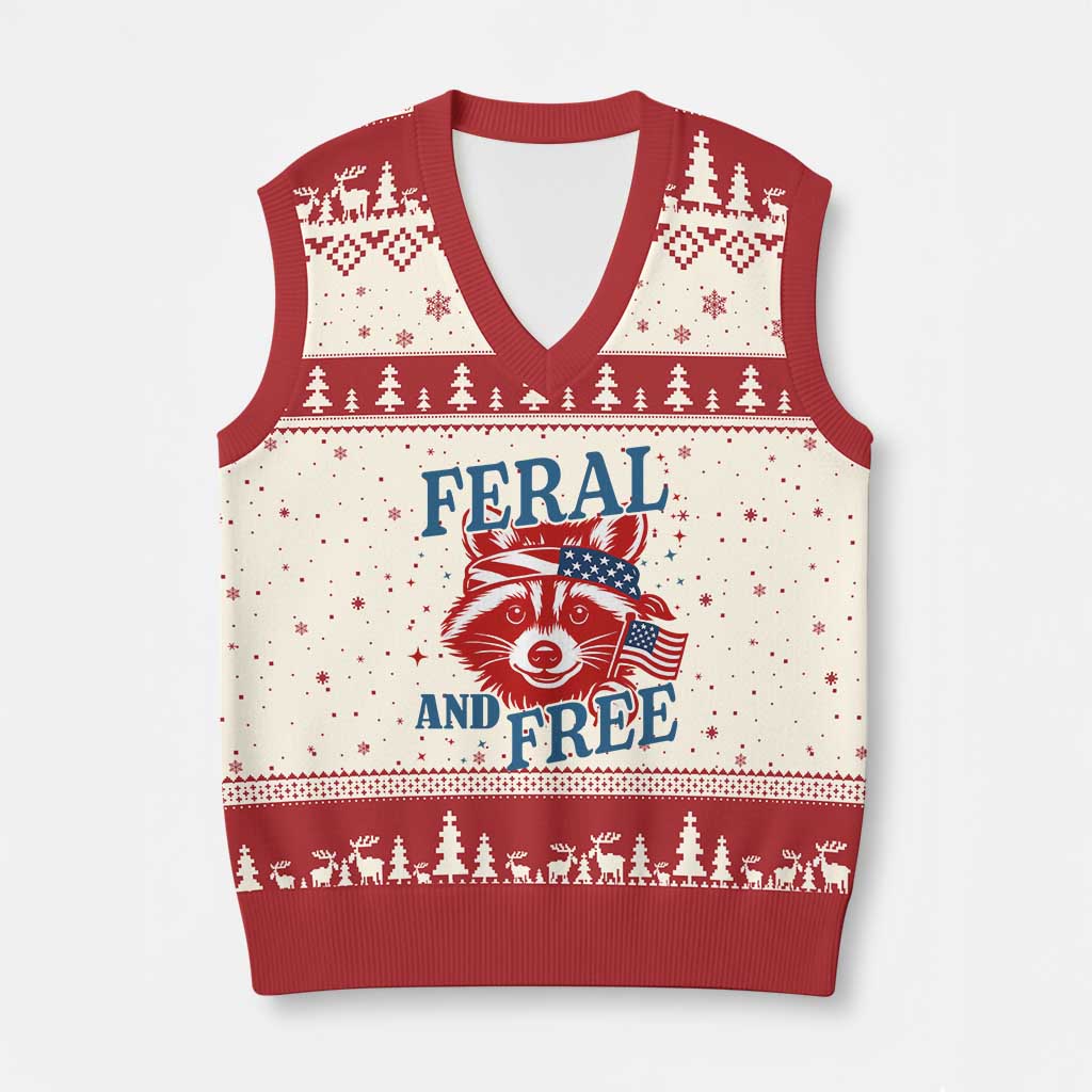 Funny Feral and Free Raccoon V-Neck Knit Sweater Vest Patriotic Bandana Animal 4th of July US Flag TS02 Beige Red Print Your Wear