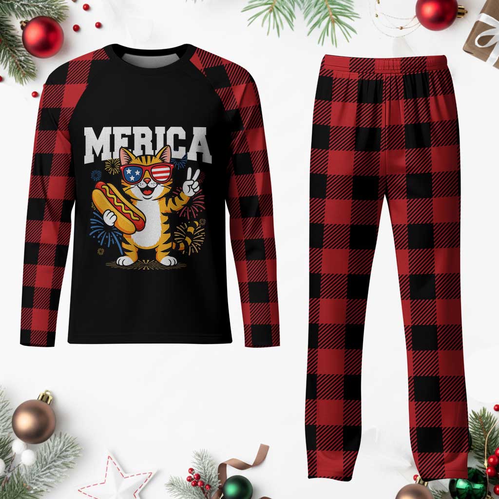 Merica Cat Plaid Pajama Set Funny 4th of July Hot Dog and Fireworks Patriotic USA Flag TS02 Buffalo Plaid Print Your Wear