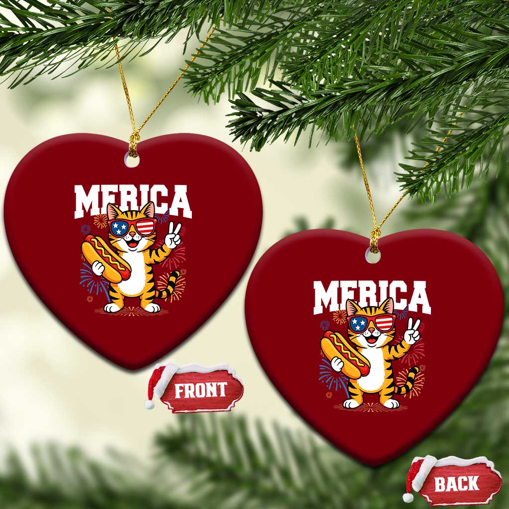 Merica Cat Ceramic Ornament Funny 4th of July Hot Dog and Fireworks Patriotic USA Flag TS02 Print Your Wear