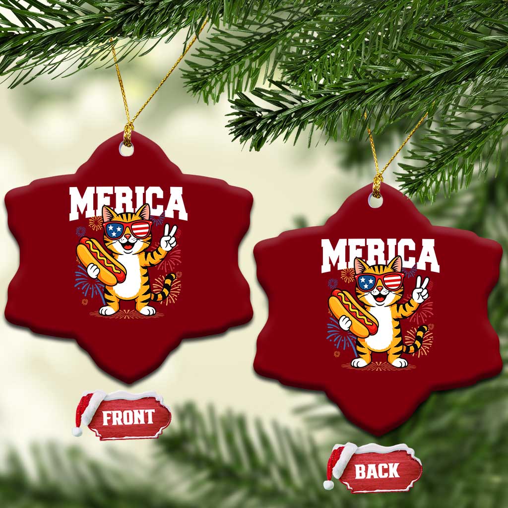 Merica Cat Ceramic Ornament Funny 4th of July Hot Dog and Fireworks Patriotic USA Flag TS02 Print Your Wear
