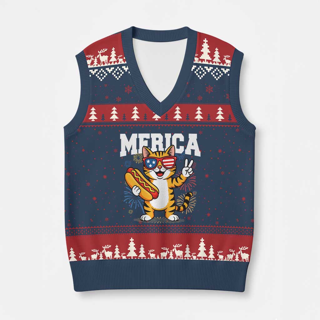 Merica Cat V-Neck Knit Sweater Vest Funny 4th of July Hot Dog and Fireworks Patriotic USA Flag TS02 Navy Red Print Your Wear