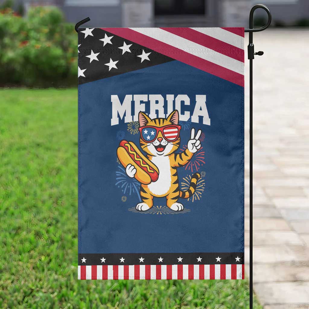 Merica Cat Garden Flag Funny 4th of July Hot Dog and Fireworks Patriotic USA Flag TS02 Classic Blue Black Print Your Wear