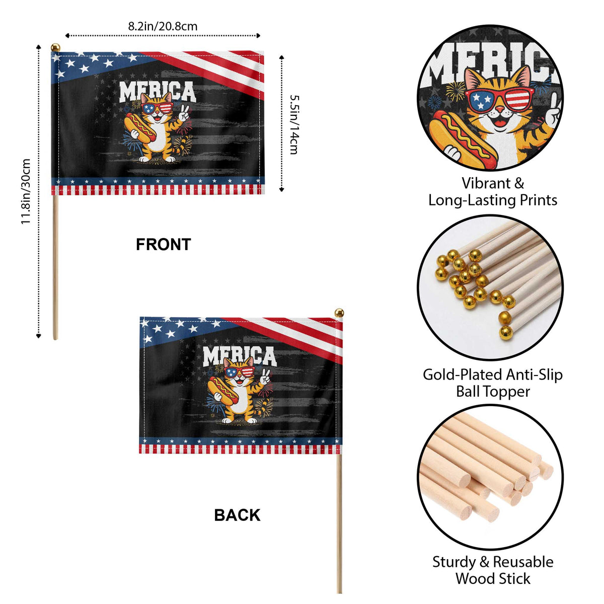 Merica Cat Patriotic Handheld Flag Funny 4th of July Hot Dog and Fireworks Patriotic USA Flag TS02 Print Your Wear