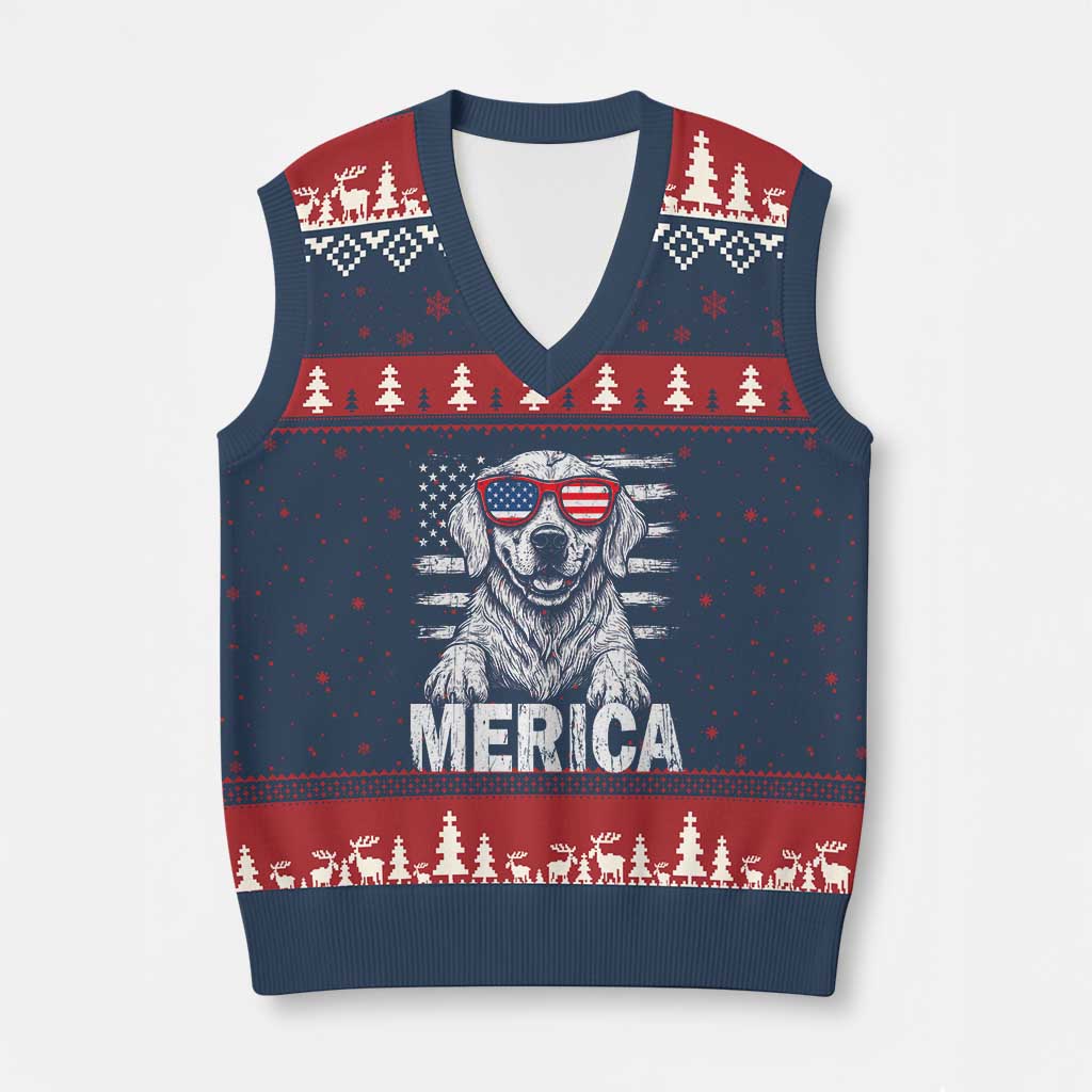 Merica Golden Retriever V-Neck Knit Sweater Vest Patriotic Dog US Flag 4th Of July TS02 Navy Red Print Your Wear