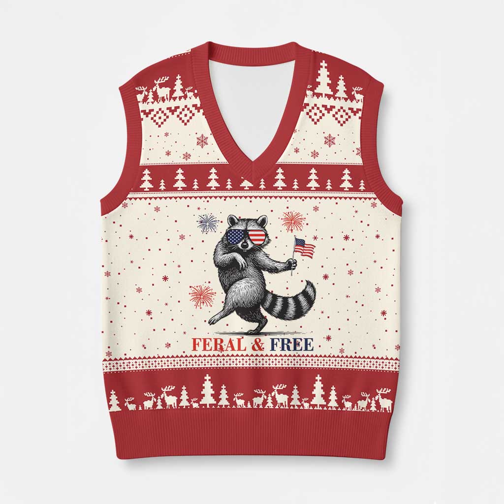 Feral and Free Dancing Raccoon V-Neck Knit Sweater Vest Funny 4th July Patriotic Animal US Flag and Fireworks TS02 Beige Red Print Your Wear