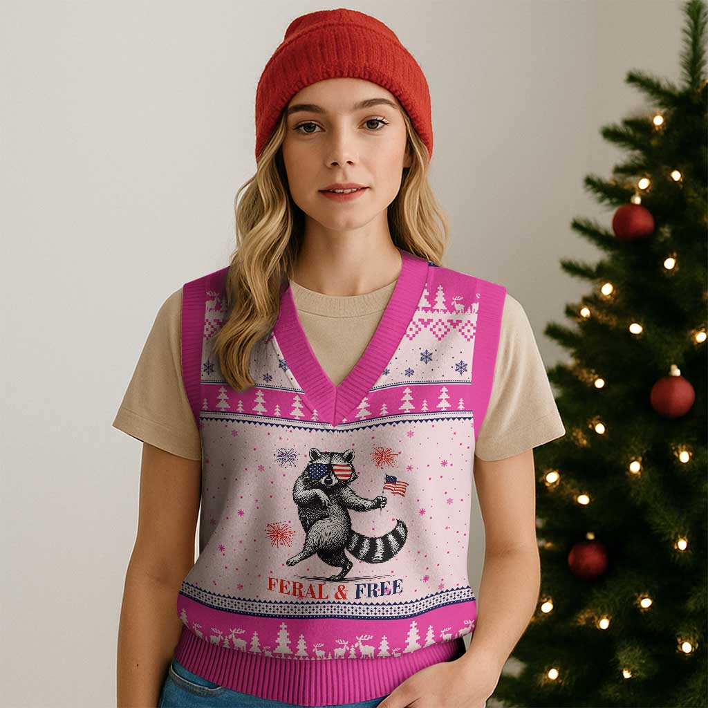 Feral and Free Dancing Raccoon V-Neck Knit Sweater Vest Funny 4th July Patriotic Animal US Flag and Fireworks TS02 Hot Pink Print Your Wear