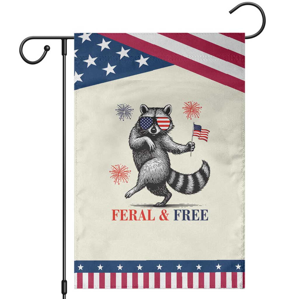 Feral and Free Dancing Raccoon Garden Flag Funny 4th July Patriotic Animal US Flag and Fireworks TS02 Modern Beige Blue Print Your Wear