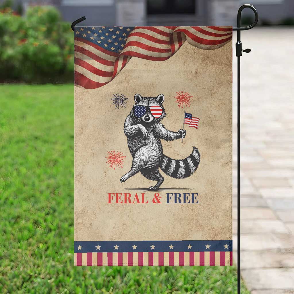 Feral and Free Dancing Raccoon Garden Flag Funny 4th July Patriotic Animal US Flag and Fireworks TS02 Vintage Rustic Tan Navy Print Your Wear