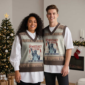 Democracy Is Dying But Hey Nice Fireworks Statue of Liberty V-Neck Knit Sweater Vest Funny 4th Of July Retro TS02 Mocha Mousse Print Your Wear