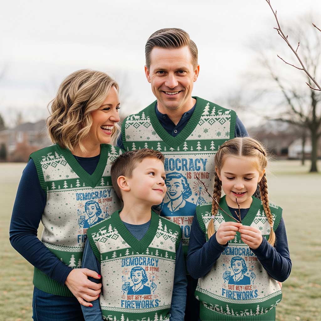 Democracy Is Dying But Hey Nice Fireworks V-Neck Knit Sweater Vest Funny Retro 4th of July Political Humor TS02 Beige Green Print Your Wear