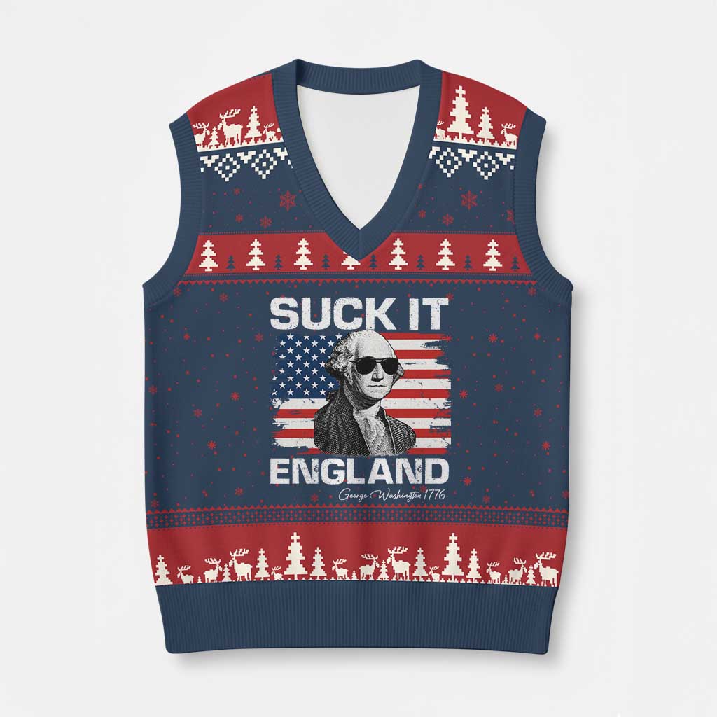Funny George Washington V-Neck Knit Sweater Vest Suck It England Bold Patriotic 4th of July 1776 TS02 Navy Red Print Your Wear