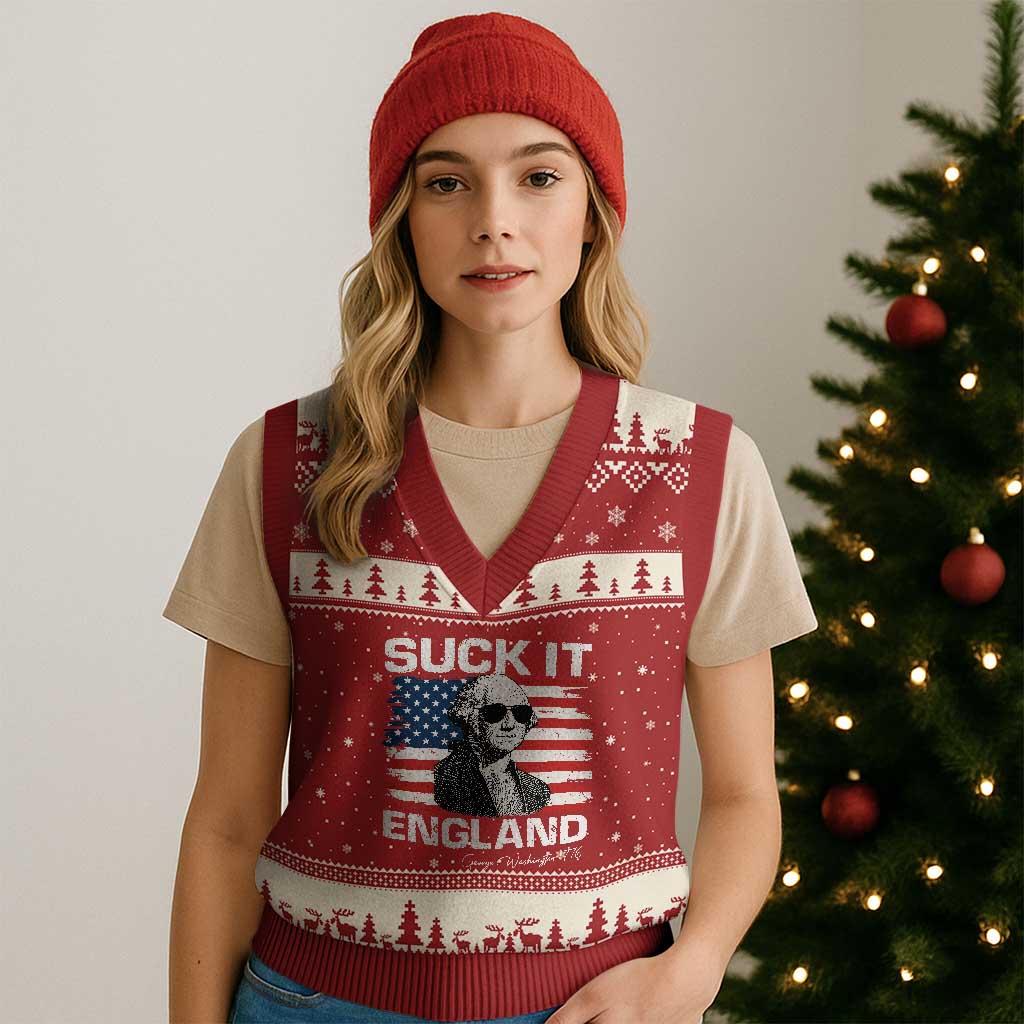 Funny George Washington V-Neck Knit Sweater Vest Suck It England Bold Patriotic 4th of July 1776 TS02 Red Beige Print Your Wear