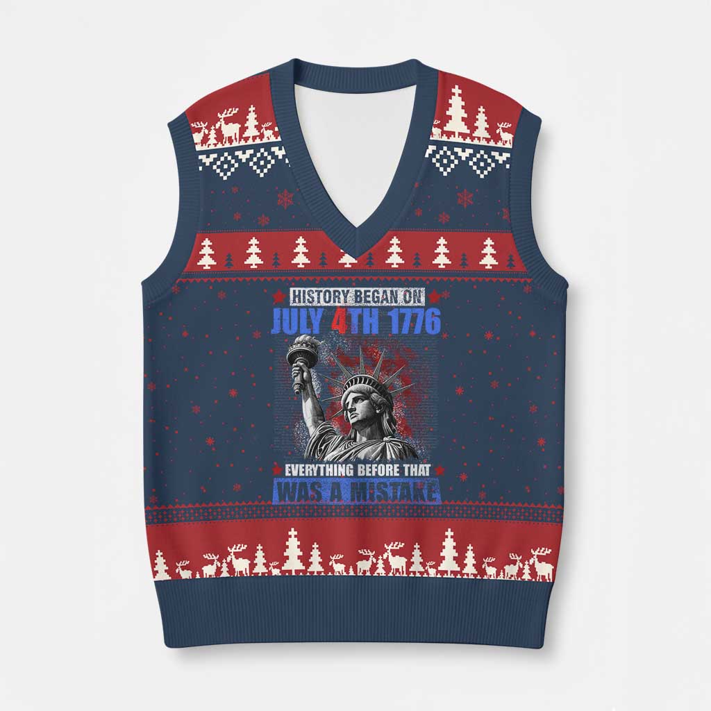History Began July 4th 1776 V-Neck Knit Sweater Vest Bold Patriotic Statement Statue of Liberty TS02 Navy Red Print Your Wear