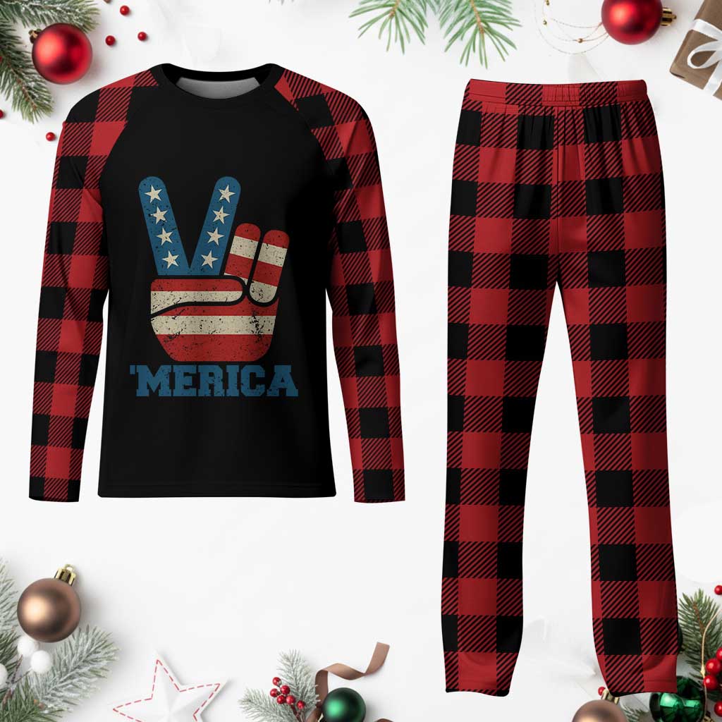 Vintage Merica Peace Sign Plaid Pajama Set Retro Patriotic 4th of July USA Flag TS02 Buffalo Plaid Print Your Wear