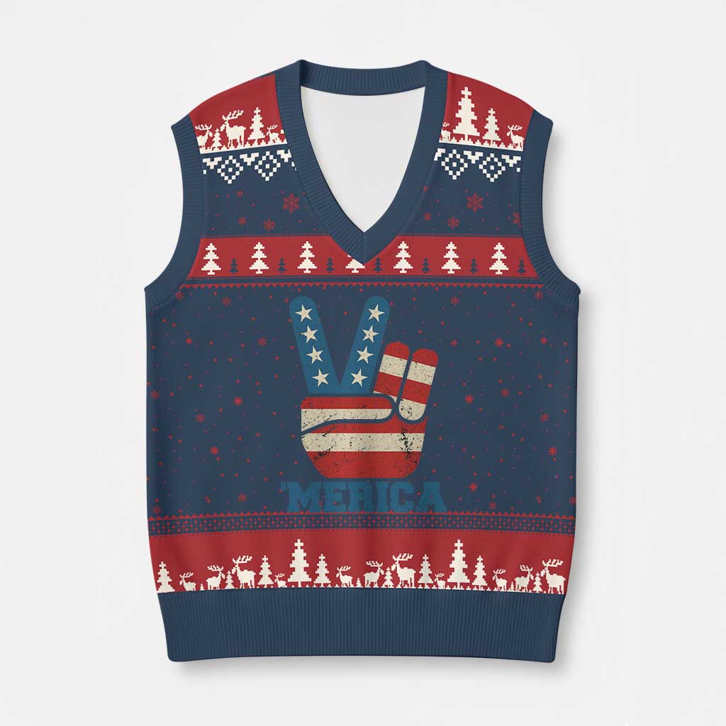 Vintage Merica Peace Sign V-Neck Knit Sweater Vest Retro Patriotic 4th of July USA Flag TS02 Navy Red Print Your Wear