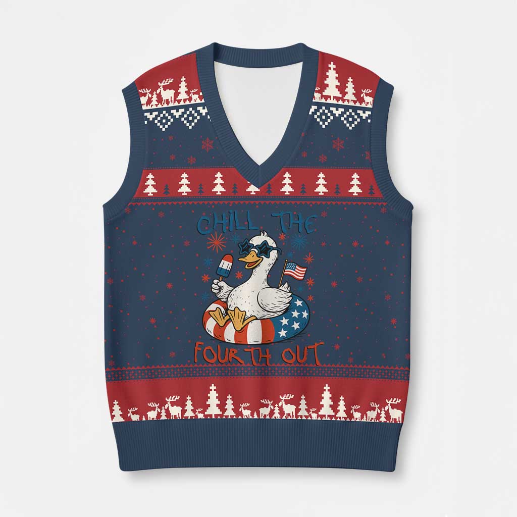 Funny Goose 4th of July V-Neck Knit Sweater Vest Chill the Fourth Out Patriotic Humor with Summer Vibes TS02 Navy Red Print Your Wear