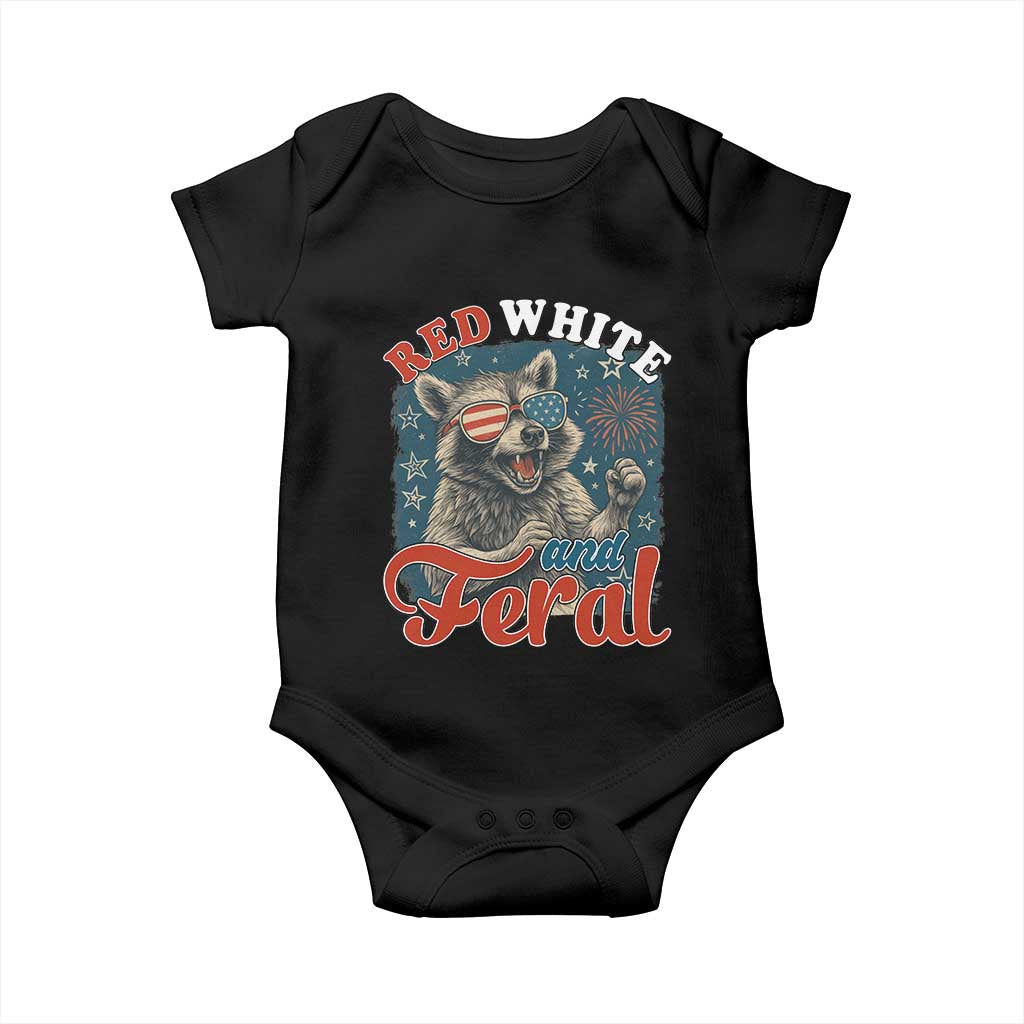 Red White and Feral Raccoon Baby Onesie Funny Patriotic Fireworks Wild 4th of July Vibes TS02 Black Print Your Wear