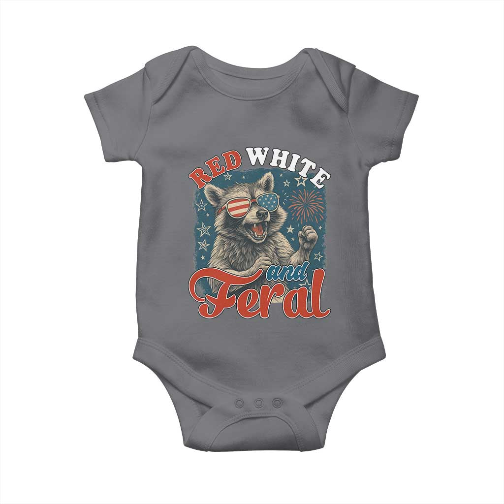 Red White and Feral Raccoon Baby Onesie Funny Patriotic Fireworks Wild 4th of July Vibes TS02 Charcoal Print Your Wear