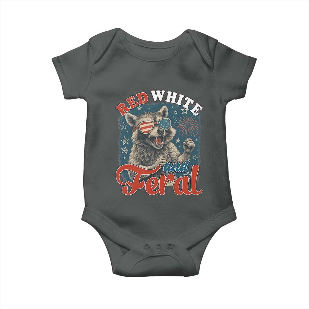 Red White and Feral Raccoon Baby Onesie Funny Patriotic Fireworks Wild 4th of July Vibes TS02 Dark Heather Print Your Wear