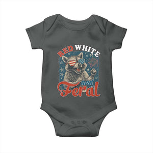 Red White and Feral Raccoon Baby Onesie Funny Patriotic Fireworks Wild 4th of July Vibes TS02 Dark Heather Print Your Wear