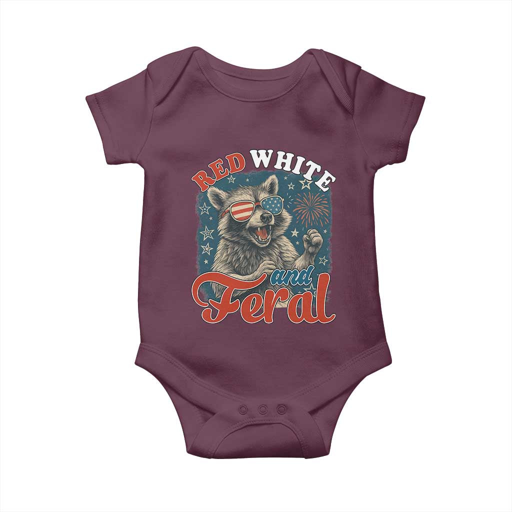 Red White and Feral Raccoon Baby Onesie Funny Patriotic Fireworks Wild 4th of July Vibes TS02 Maroon Print Your Wear