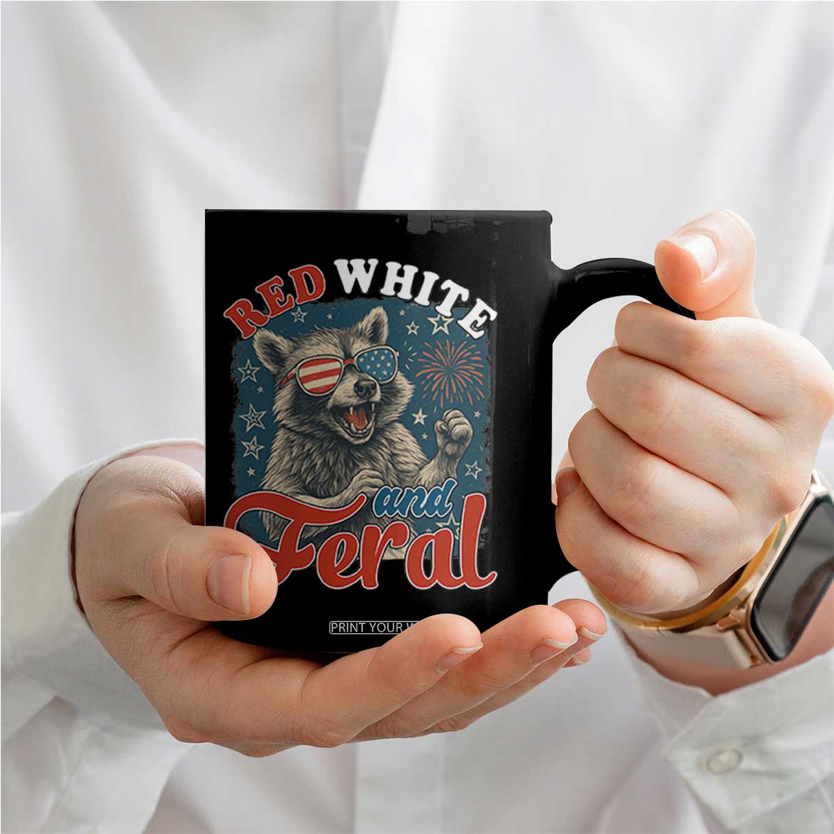 Red White and Feral Raccoon Coffee Mug Funny Patriotic Fireworks Wild 4th of July Vibes TS02 Print Your Wear