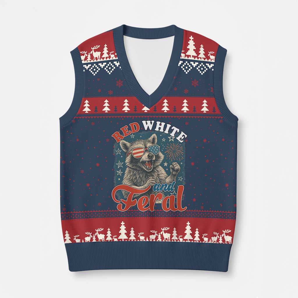 Red White and Feral Raccoon V-Neck Knit Sweater Vest Funny Patriotic Fireworks Wild 4th of July Vibes TS02 Navy Red Print Your Wear