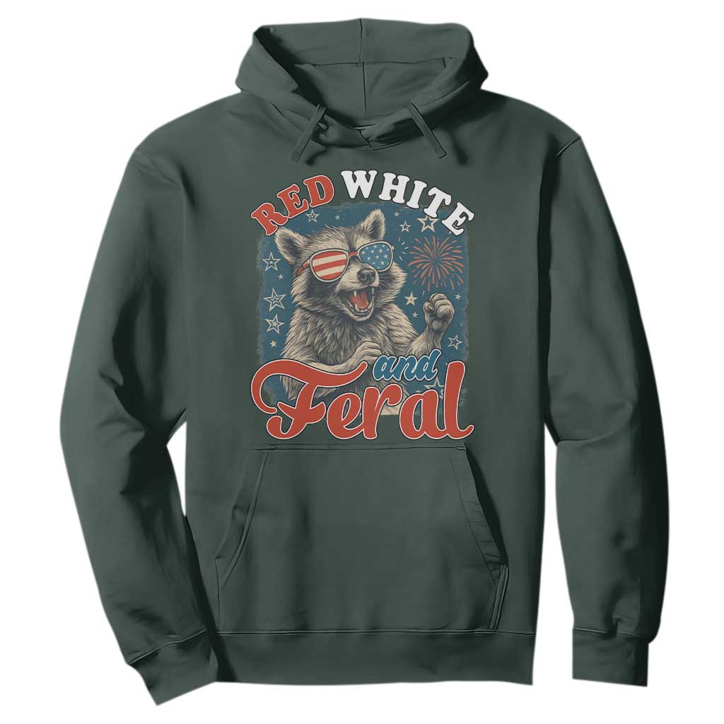 Red White and Feral Raccoon Hoodie Funny Patriotic Fireworks Wild 4th of July Vibes TS02 Dark Forest Green Print Your Wear