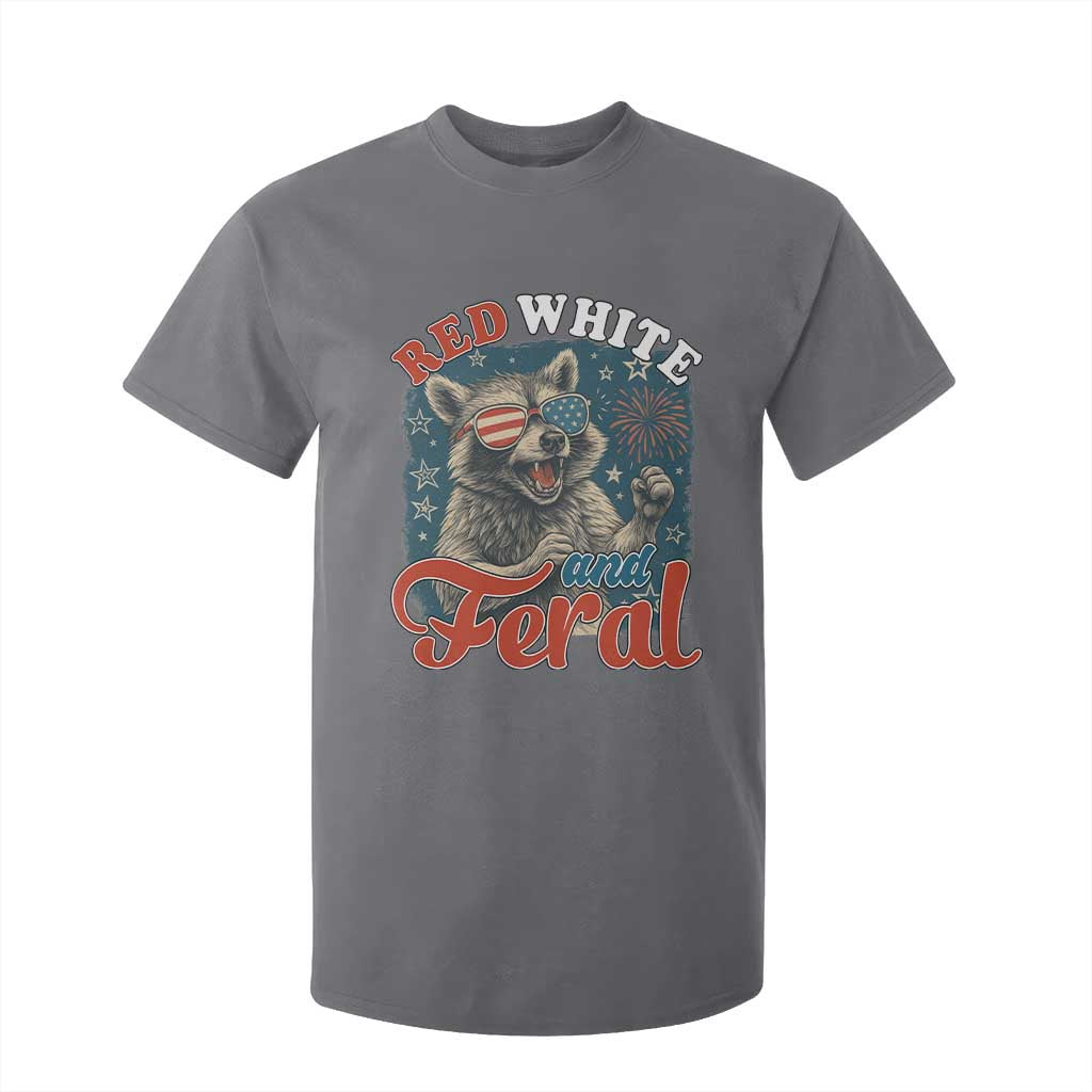 Red White and Feral Raccoon T Shirt For Kid Funny Patriotic Fireworks Wild 4th of July Vibes TS02 Charcoal Print Your Wear