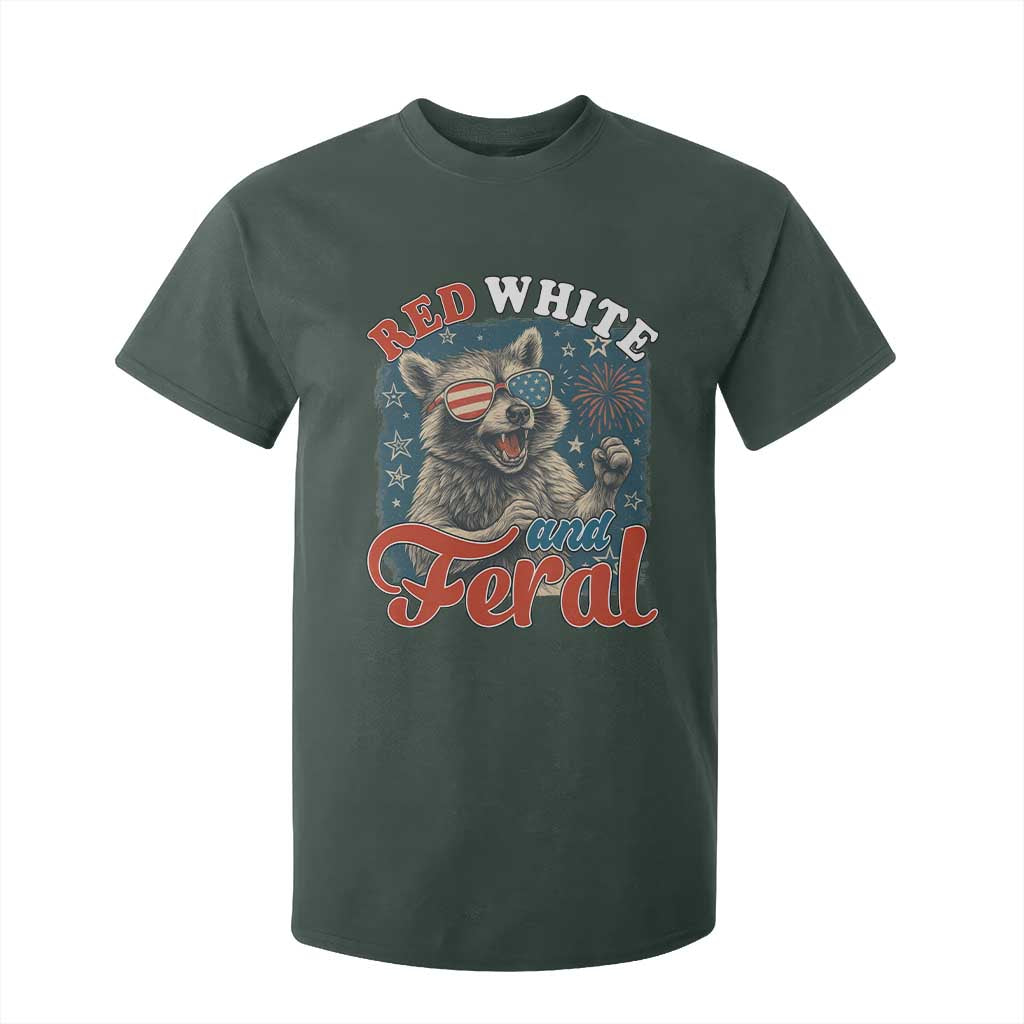 Red White and Feral Raccoon T Shirt For Kid Funny Patriotic Fireworks Wild 4th of July Vibes TS02 Dark Forest Green Print Your Wear