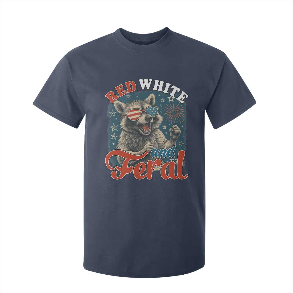 Red White and Feral Raccoon T Shirt For Kid Funny Patriotic Fireworks Wild 4th of July Vibes TS02 Navy Print Your Wear