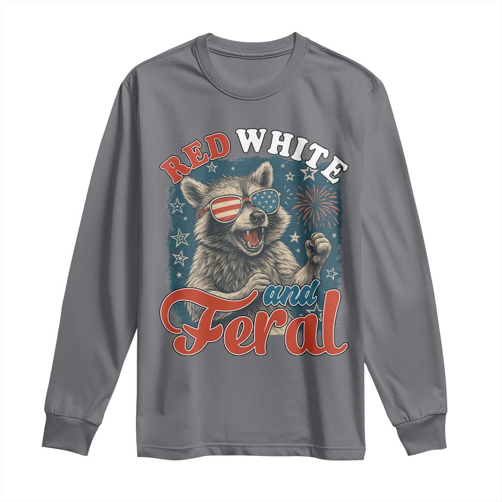 Red White and Feral Raccoon Long Sleeve Shirt Funny Patriotic Fireworks Wild 4th of July Vibes TS02 Charcoal Print Your Wear
