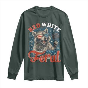 Red White and Feral Raccoon Long Sleeve Shirt Funny Patriotic Fireworks Wild 4th of July Vibes TS02 Dark Forest Green Print Your Wear