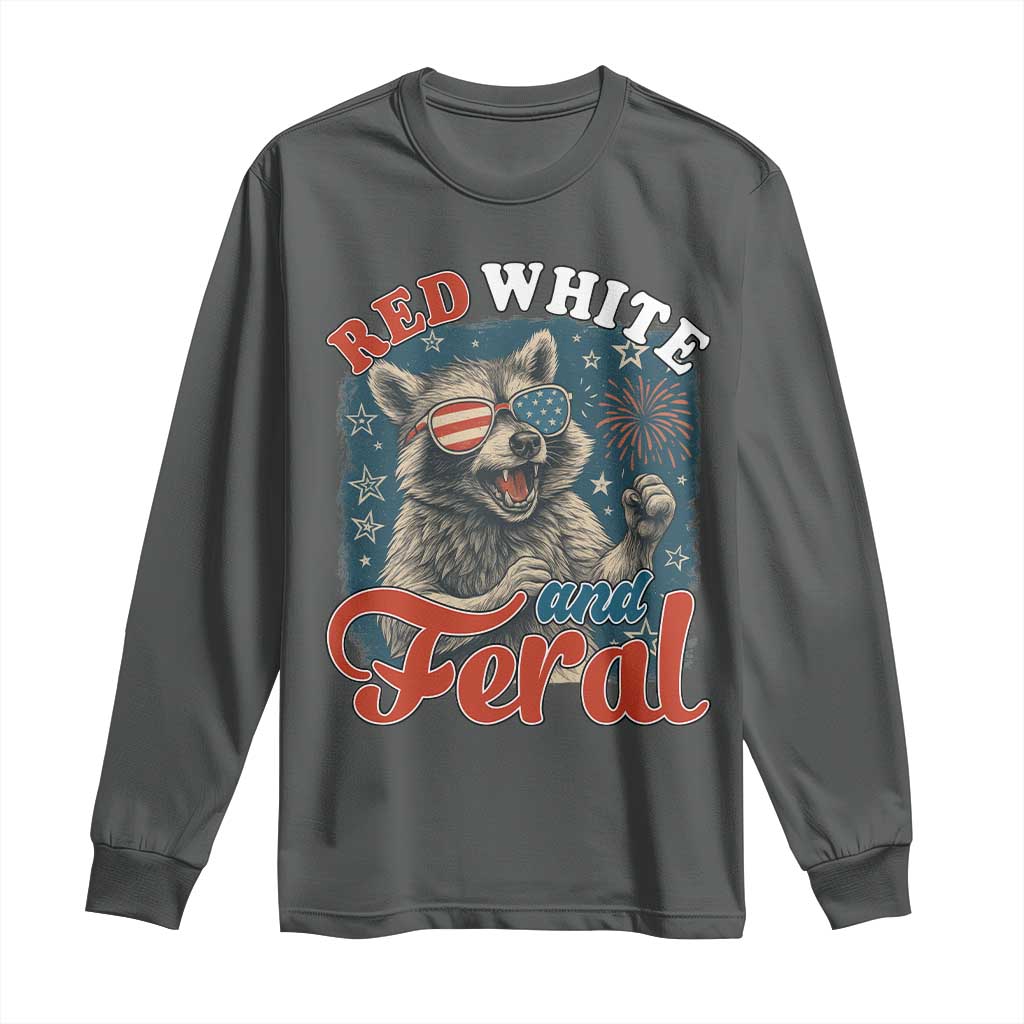 Red White and Feral Raccoon Long Sleeve Shirt Funny Patriotic Fireworks Wild 4th of July Vibes TS02 Dark Heather Print Your Wear