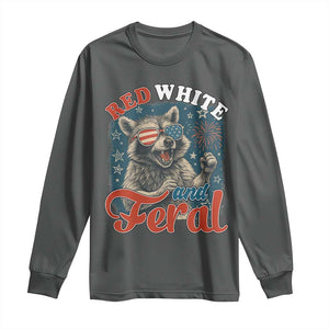 Red White and Feral Raccoon Long Sleeve Shirt Funny Patriotic Fireworks Wild 4th of July Vibes TS02 Dark Heather Print Your Wear