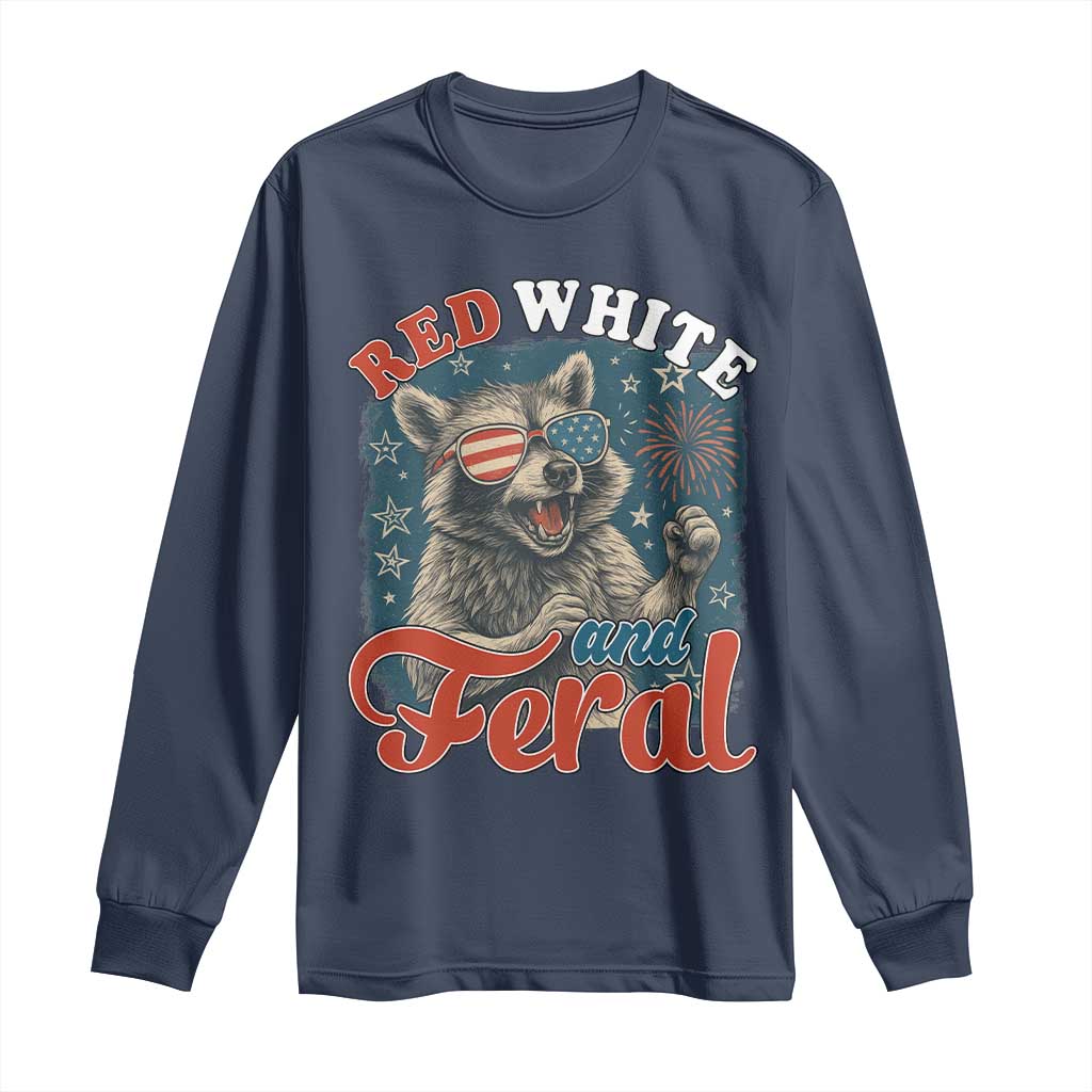 Red White and Feral Raccoon Long Sleeve Shirt Funny Patriotic Fireworks Wild 4th of July Vibes TS02 Navy Print Your Wear