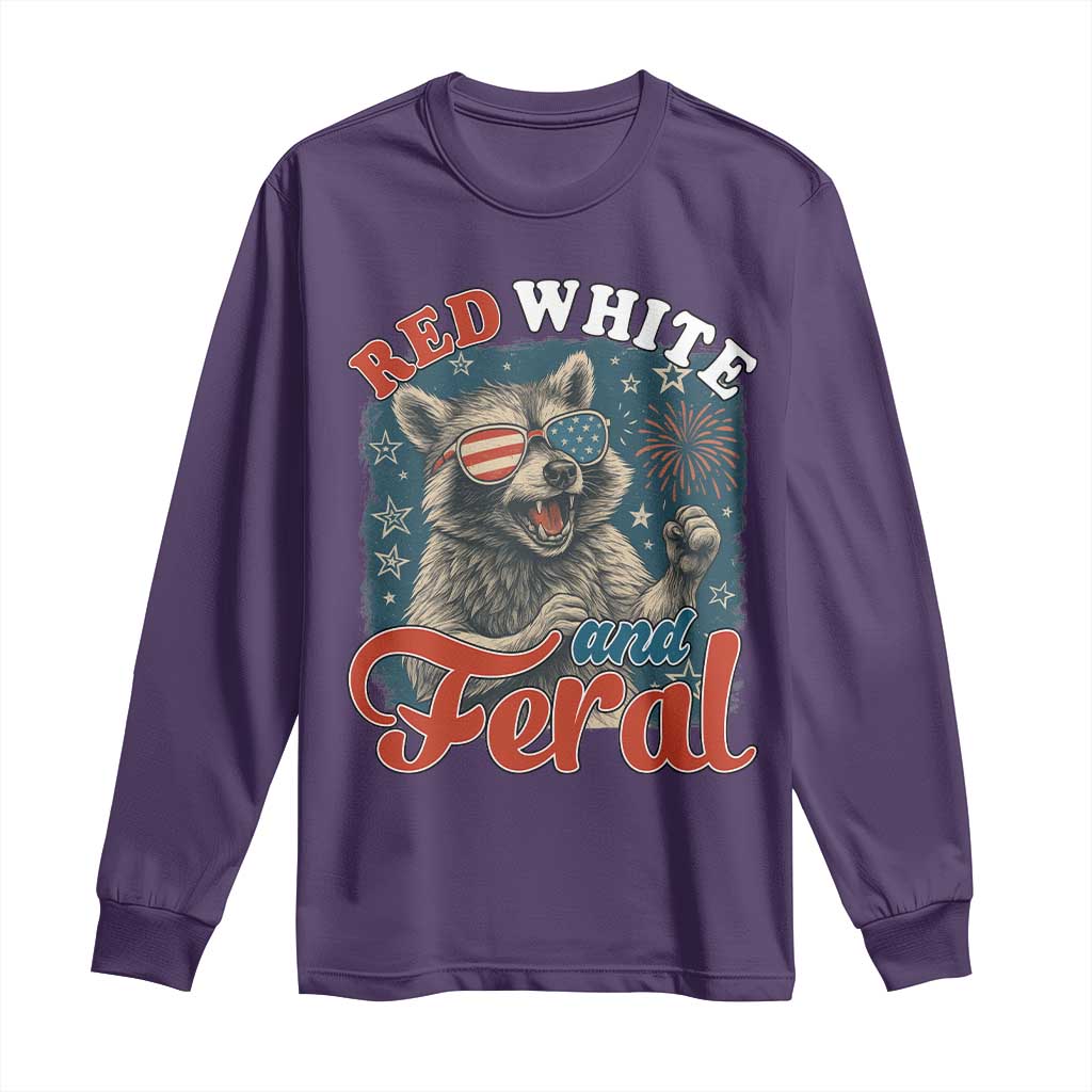 Red White and Feral Raccoon Long Sleeve Shirt Funny Patriotic Fireworks Wild 4th of July Vibes TS02 Purple Print Your Wear