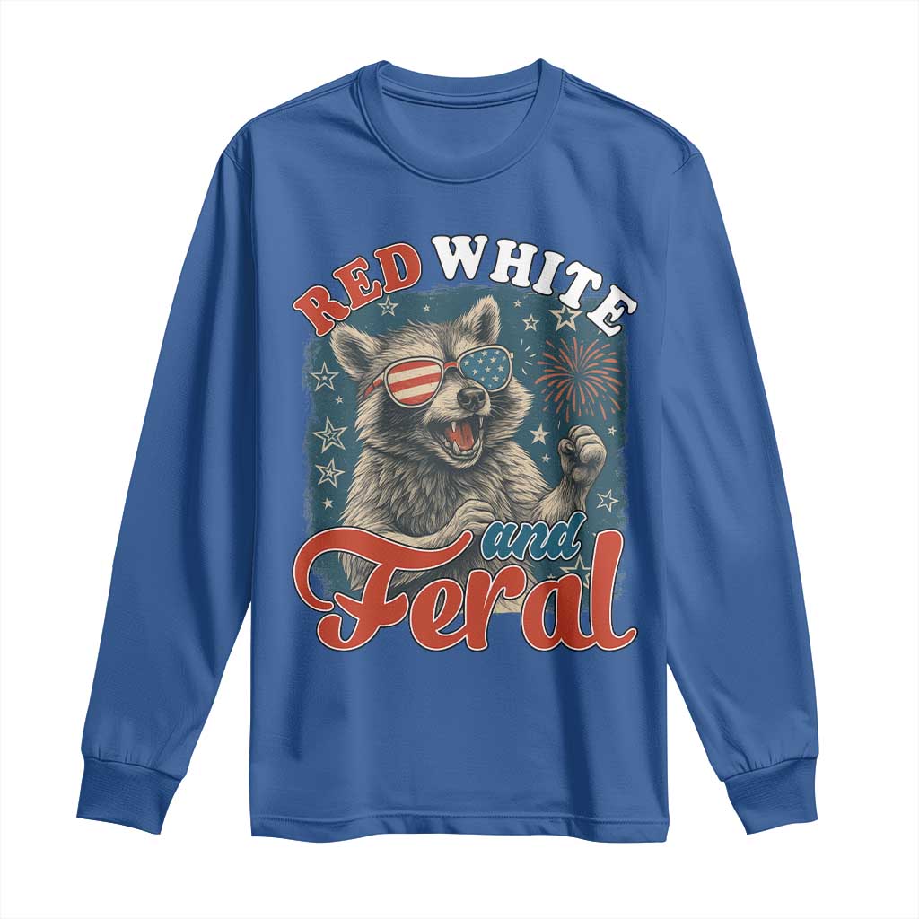 Red White and Feral Raccoon Long Sleeve Shirt Funny Patriotic Fireworks Wild 4th of July Vibes TS02 Royal Blue Print Your Wear