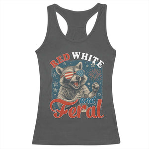 Red White and Feral Raccoon Racerback Tank Top Funny Patriotic Fireworks Wild 4th of July Vibes TS02 Dark Heather Print Your Wear