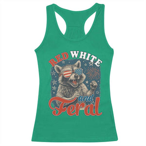 Red White and Feral Raccoon Racerback Tank Top Funny Patriotic Fireworks Wild 4th of July Vibes TS02 Irish Green Print Your Wear