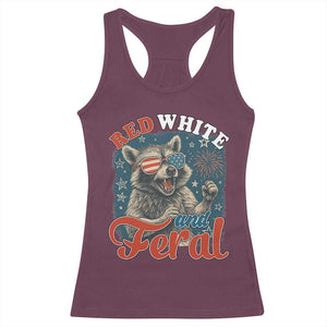 Red White and Feral Raccoon Racerback Tank Top Funny Patriotic Fireworks Wild 4th of July Vibes TS02 Maroon Print Your Wear