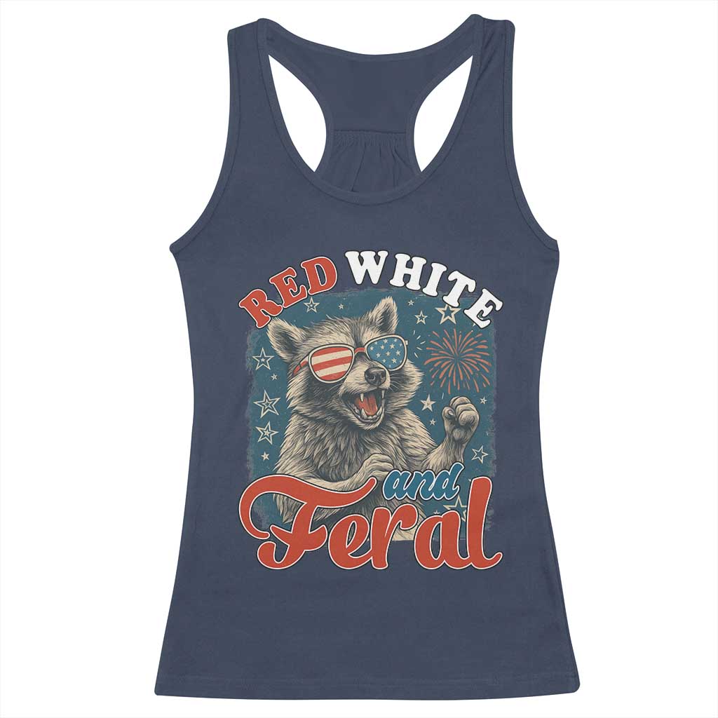 Red White and Feral Raccoon Racerback Tank Top Funny Patriotic Fireworks Wild 4th of July Vibes TS02 Navy Print Your Wear
