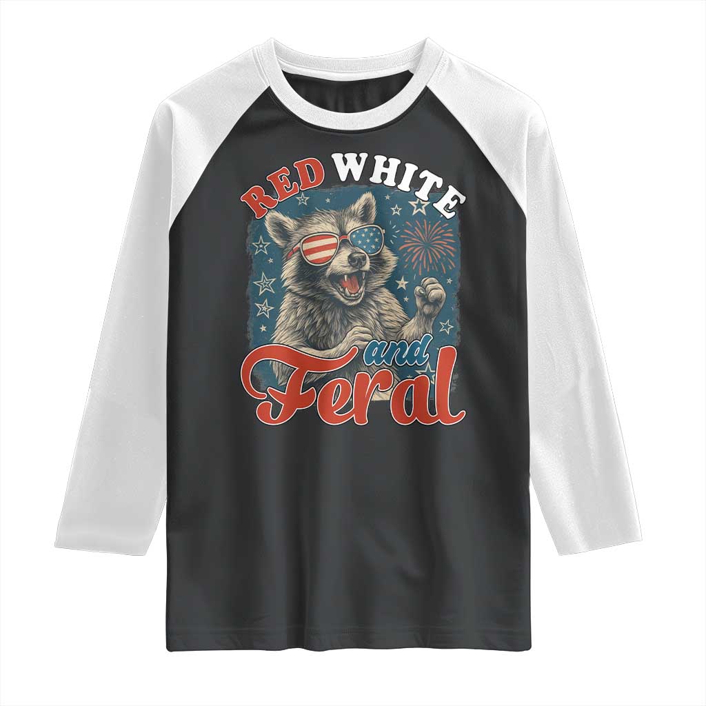 Red White and Feral Raccoon Raglan Shirt Funny Patriotic Fireworks Wild 4th of July Vibes TS02 Black White Print Your Wear