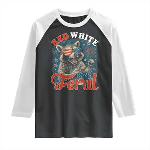 Red White and Feral Raccoon Raglan Shirt Funny Patriotic Fireworks Wild 4th of July Vibes TS02 Black White Print Your Wear