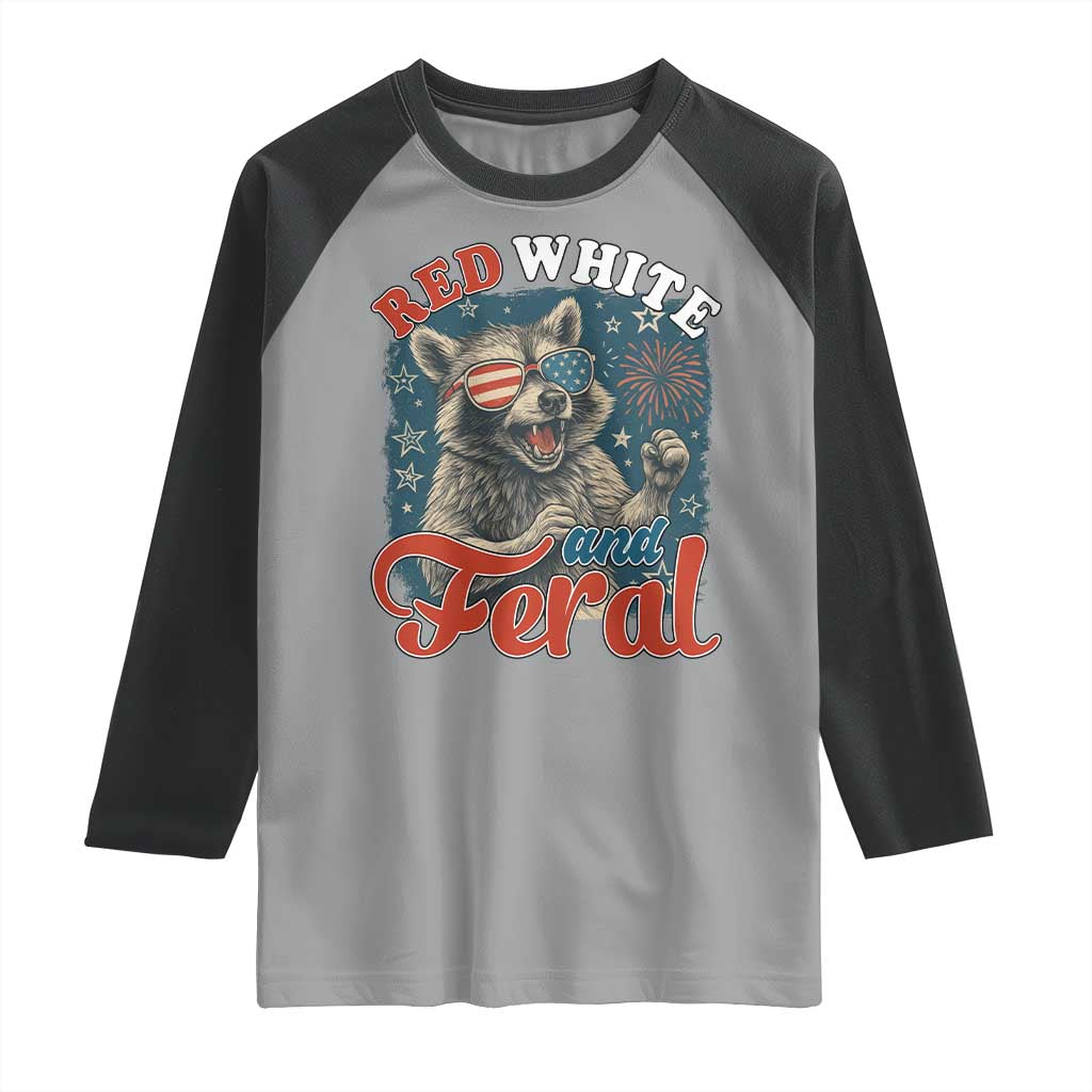 Red White and Feral Raccoon Raglan Shirt Funny Patriotic Fireworks Wild 4th of July Vibes TS02 Sport Gray Black Print Your Wear