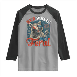 Red White and Feral Raccoon Raglan Shirt Funny Patriotic Fireworks Wild 4th of July Vibes TS02 Sport Gray Black Print Your Wear