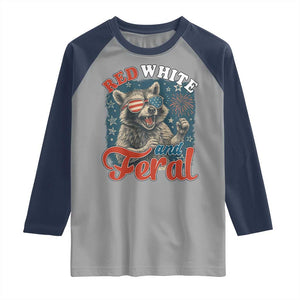 Red White and Feral Raccoon Raglan Shirt Funny Patriotic Fireworks Wild 4th of July Vibes TS02 Sport Gray Navy Print Your Wear
